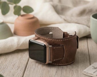 Leather Apple Watch Cuff, Apple Watch Band 38 40 41 42 44 45 46 49 mm, Custom iWatch Strap, Galaxy, Fitbit, Pixel, Fossil Watch Band