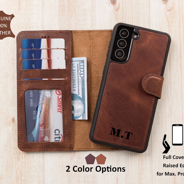 Brown Leather Samsung Wallet Case for S24, S23, S22, S21, S20, S10, S9, S8, Note 20, 10 Galaxy Detachable Magnetic Case, Samsung Card Holder