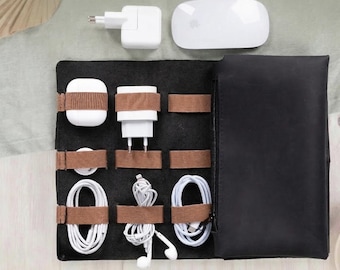 Custom Leather Cable Organizer Bag, Cable and Charger Organizer, Travel Cable Organizer, Leather Cord Holder, Handmade Travel Organizer