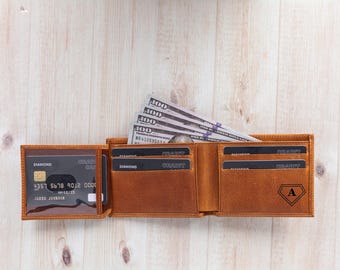 Cartera de cuero personalizada para hombre, con grabado personalizado, plegable, ideal para él, para el Día del Padre, para padrinos de boda o para aniversario.