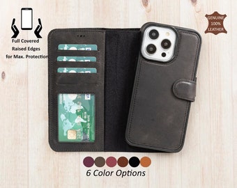 Leather iPhone Case for iPhone 15, 14, 13, 12, 11, 11 Pro, X, XS, XS Max, XR, 8, 7, 6 Plus, Black Detachable Wallet Case, iPhone Card Holder