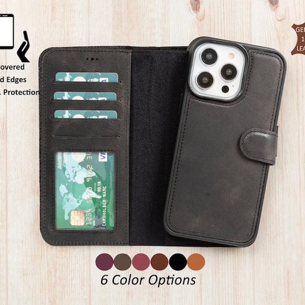 Leather iPhone Case for iPhone 15, 14, 13, 12, 11, 11 Pro, X, XS, XS Max, XR, 8, 7, 6 Plus, Black Detachable Wallet Case, iPhone Card Holder