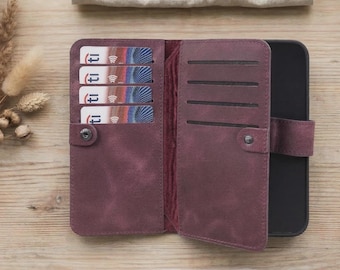 Funda tipo cartera doble personalizada para iPhone. Compatible con iPhone 17, 17E, 16, 15, 14, 13, 12 y SE. Incluye tarjetero magnético desmontable.