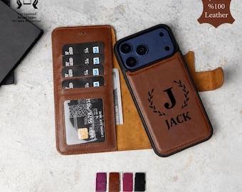 Custom Leather iPhone Duo, 18, 17, 16, 15, 14, 13 Case, Top Grain Detachable Magnetic Wallet, RFID Blocking Card Holder, MagSafe Compatible
