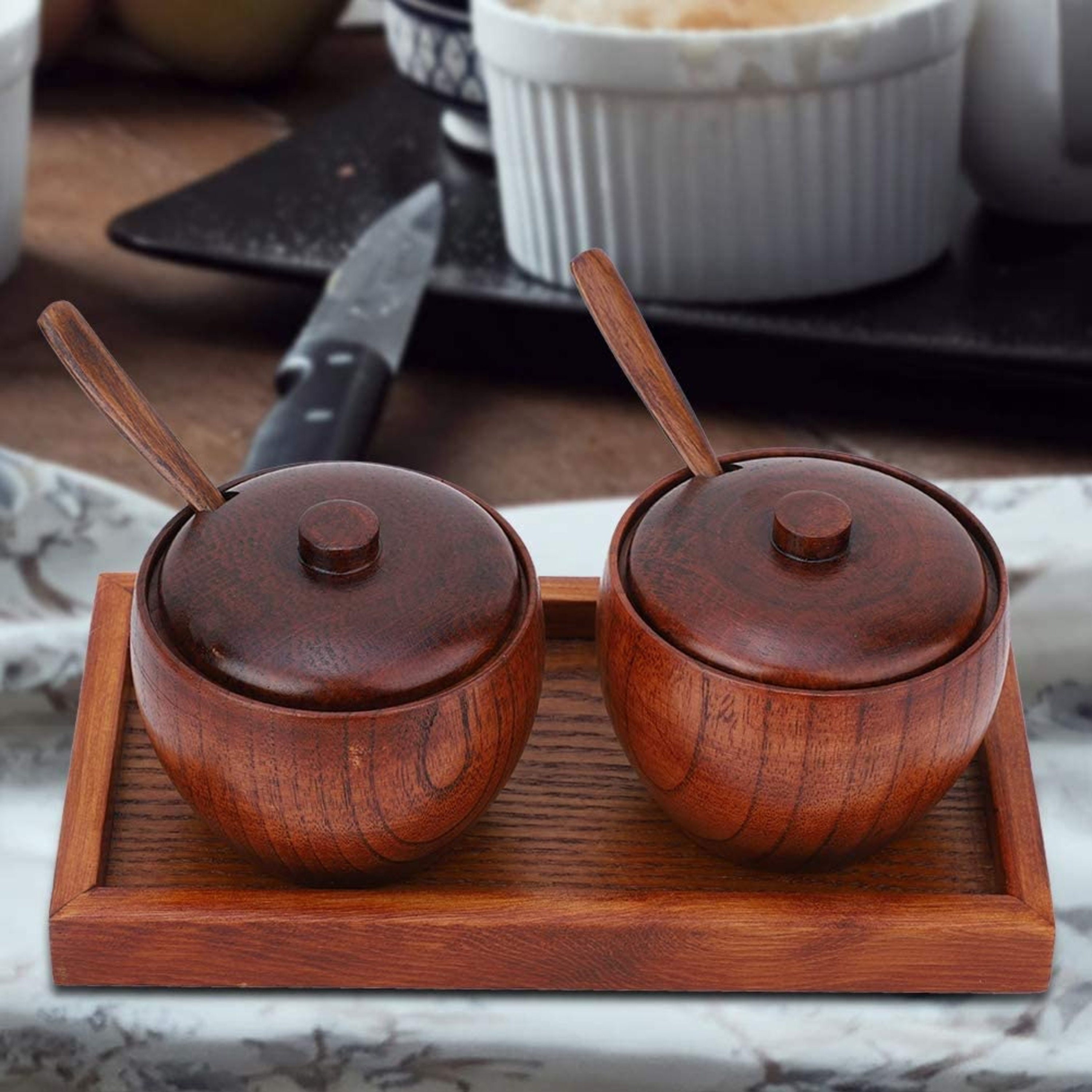 2Pcs Wooden Salt and Pepper Bowls with Lid and Spoon Sugar Etsy