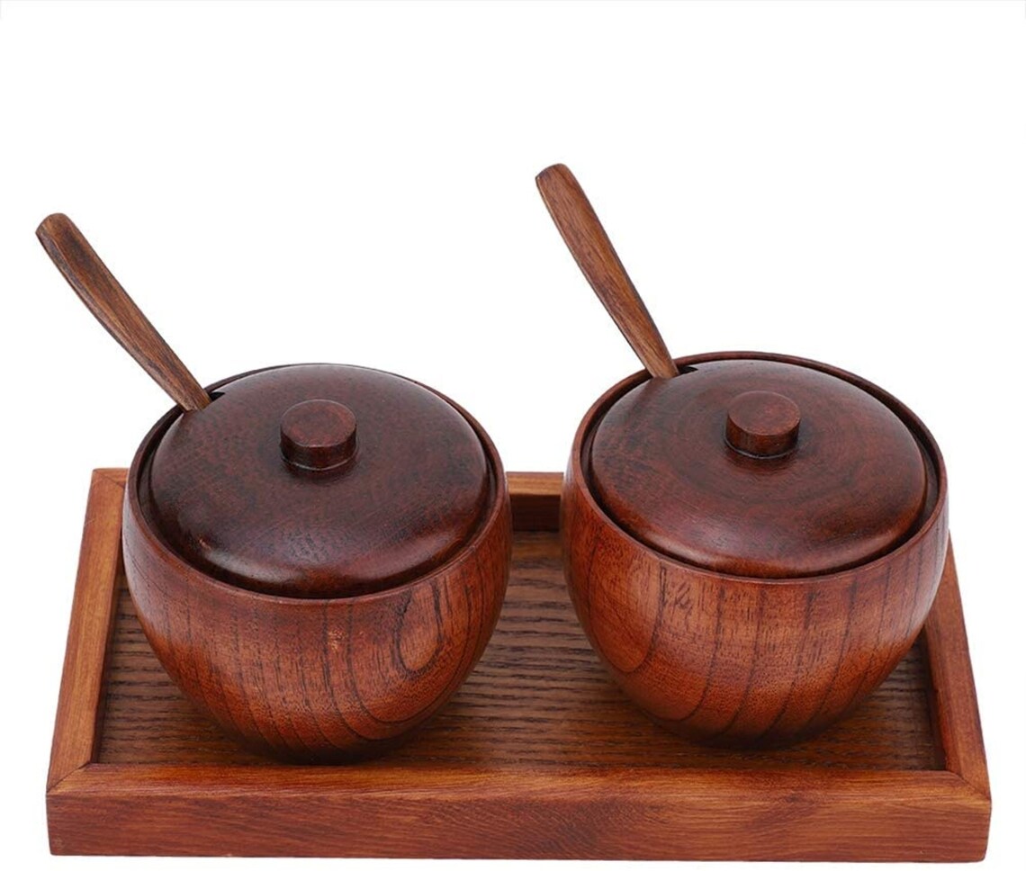2Pcs Wooden Salt and Pepper Bowls with Lid and Spoon Sugar Etsy
