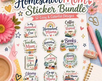 Homeschool Mom Sticker Bundle, Cozy Teacher Mama Designs (Digital Download)