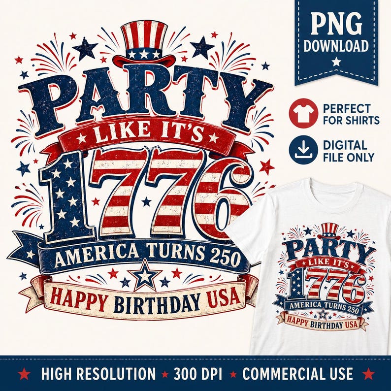 May include: A white t-shirt design with a patriotic theme. The design features the text "PARTY LIKE IT'S 1776" in red, white, and blue, with fireworks and stars. The phrase "America Turns 250" and "Happy Birthday USA" are also included.