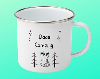 Väter Camping Becher. Geburtstagsgeschenk für Papa. Personalisieren. Emaille-Becher. draußen. Papa anwesend. Vatertag