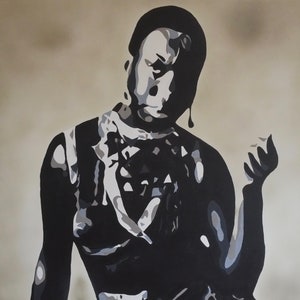 Puede incluir: Una pintura de retrato en blanco y negro de una persona con un sombrero negro y una bufanda blanca. La persona está mirando hacia abajo y tiene una expresión seria.