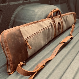 Shotgun Case Green Waxed Canvas Real Leather. 53” with zipper button lock. | Ships Out Same Day !