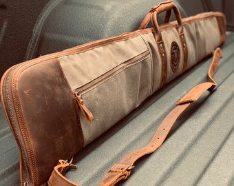 Shotgun Case Green Waxed Canvas Real Leather. 53” with zipper button lock. | Ships Out Same Day !