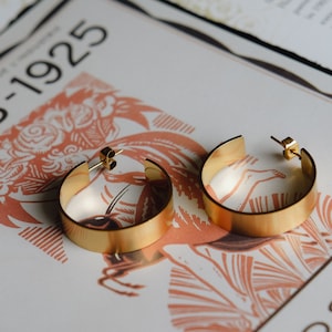 Flat Gold Hoops, Brushed Gold Hoop Earrings, 18k Gold Filled, Gift For Her, Womens Hoop Earrings, Medium Size Hoops, Minimalist Jewelry