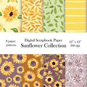 Sunflower Paper Collection - Digital Paper Pack - 8 Colorful Printable Scrapbook Papers - By Rebecca Tempski