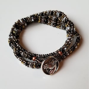 Triple boho Wrap Bracelet hand woven with black gold silver bronze SuperDuos and bronze Czech glass seed beads