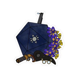 Könnte beinhalten: Ein Aufkleber mit einem dunkelblauen, vielseitigen Würfel mit einem Sonnenstrahl-Design. Eine schwarze Schusswaffe, eine gold-braune Pistole, eine Pestdoktormaske und lila und gelbe Blumen sind ebenfalls enthalten.