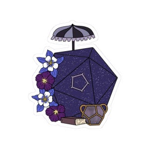 May include: A sticker featuring a large, dark purple D20 die with a decorative parasol, flowers, a small book, and a geometric teacup. The flowers are white, blue, and purple. The parasol is black and gray.