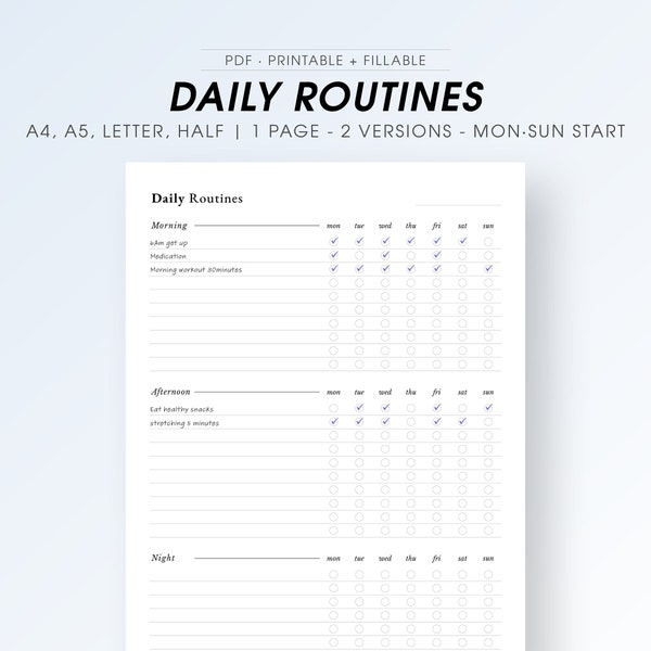 Daily Routine Planner Printable Morning Afternoon Night Routine Tracker Template, Fillable PDF, Habit Tracker, A4/A5/Letter/Half Planner