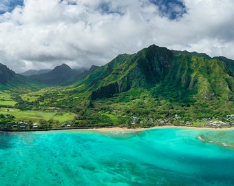 Oahu Hawaii East Side Chinamans 12x36 Fotografía panorámica impresa en papel metálico de galería de bellas artes de primera calidad. Firmado por el artista