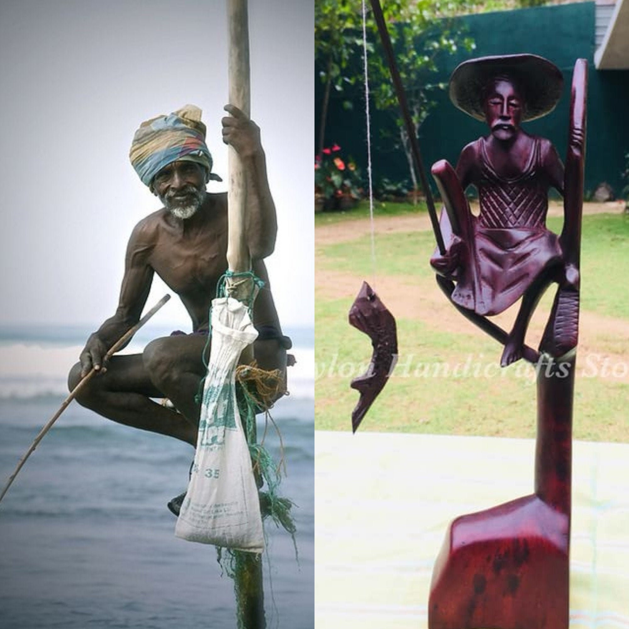 Wooden Fisherman Statue Fisherman Carving Hand Carved Stilt Etsy