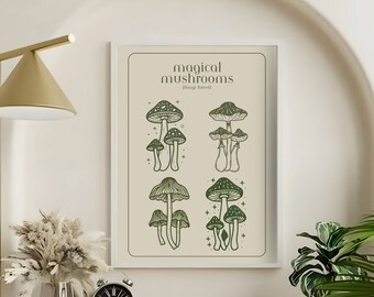 Mushroom Print Home Decor, Mushroom Forest Wall Art, Minimalist Printable Digital Download, Magical Forest, Cute Mushroom Bedroom Decor