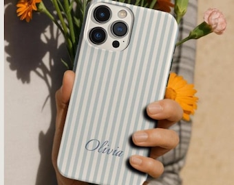 Personalisierte blau gestreifte Telefonhülle | Benutzerdefinierte Ästhetische Sommer Küstenlandschaft iPhone Handyhülle, Blau Beachy, Preppy Handyhülle, Mediterran