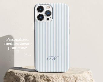 Personalisierte blau gestreifte Telefonhülle | Benutzerdefinierte ästhetische Sommer Küsten iPhone Fall, Blau Beachy Handyhülle, Preppy Handyhülle, Samsung iPhone
