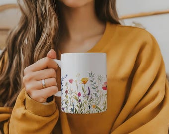 Taza de café de cerámica Wildflower de 325 ml con diseño de ramo floral, regalo para mamá, bonita, colorida, con acabado brillante, cómoda, con asa en forma de C, duradera, de cerámica blanca.