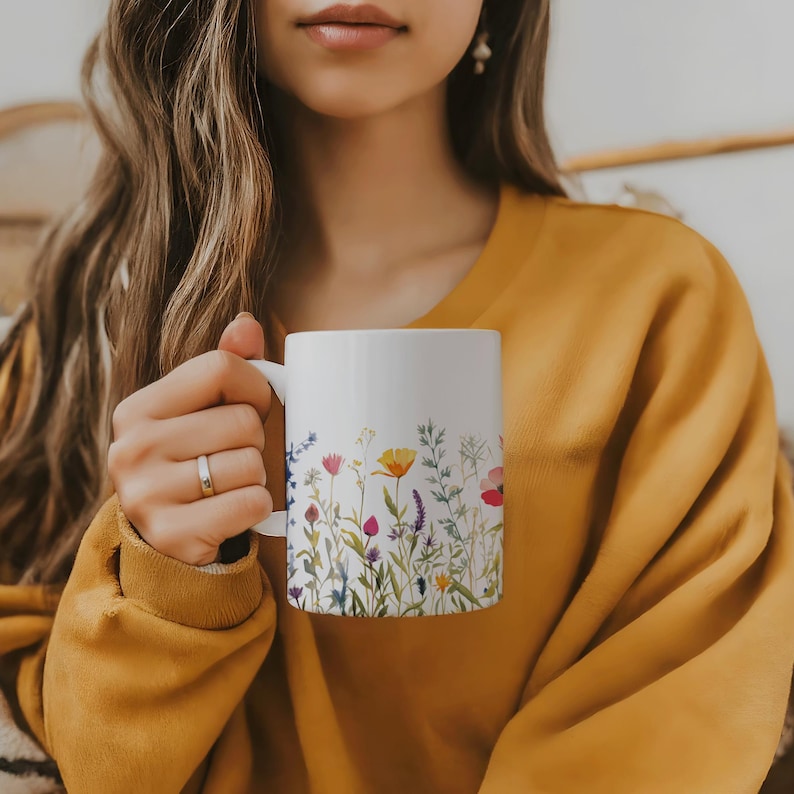 Wildflower Ceramic 11 ounce Coffee Mug Floral Bouquet Gift for Mom cute colorful shiny finish comfortable C-handle durable white ceramic image 1