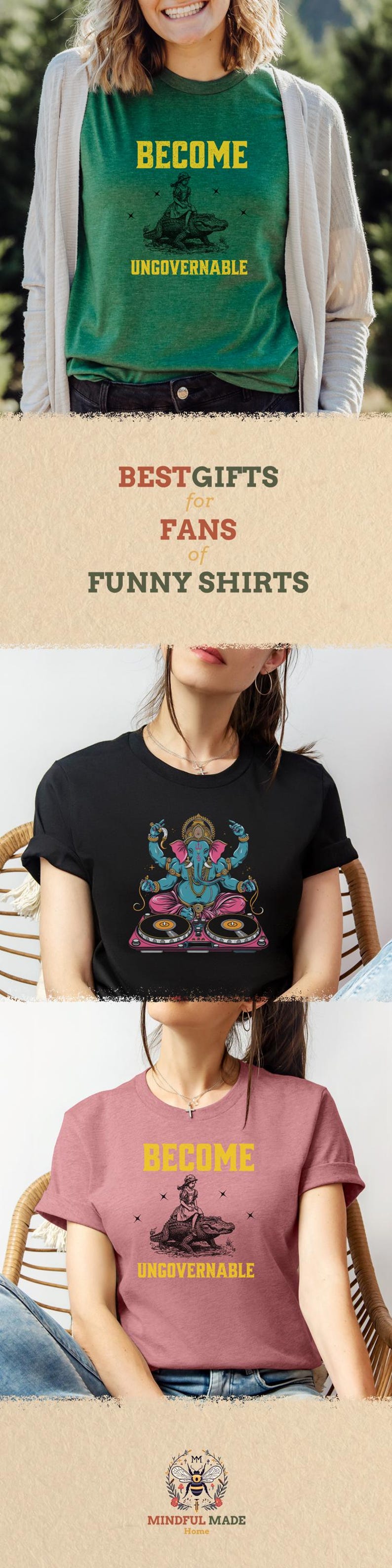 Puede incluir: Una colecci&oacute;n de camisetas con varios dise&ntilde;os y textos. Una camiseta es verde con las palabras "BECOME UNGOVERNABLE". Otra es negra con una colorida ilustraci&oacute;n de una deidad. Una tercera camiseta es rosa con el mismo texto.