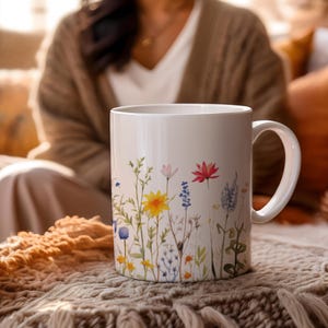 Wildflower Ceramic 11 ounce Coffee Mug Floral Bouquet Gift for Mom cute colorful shiny finish comfortable C-handle durable white ceramic image 10