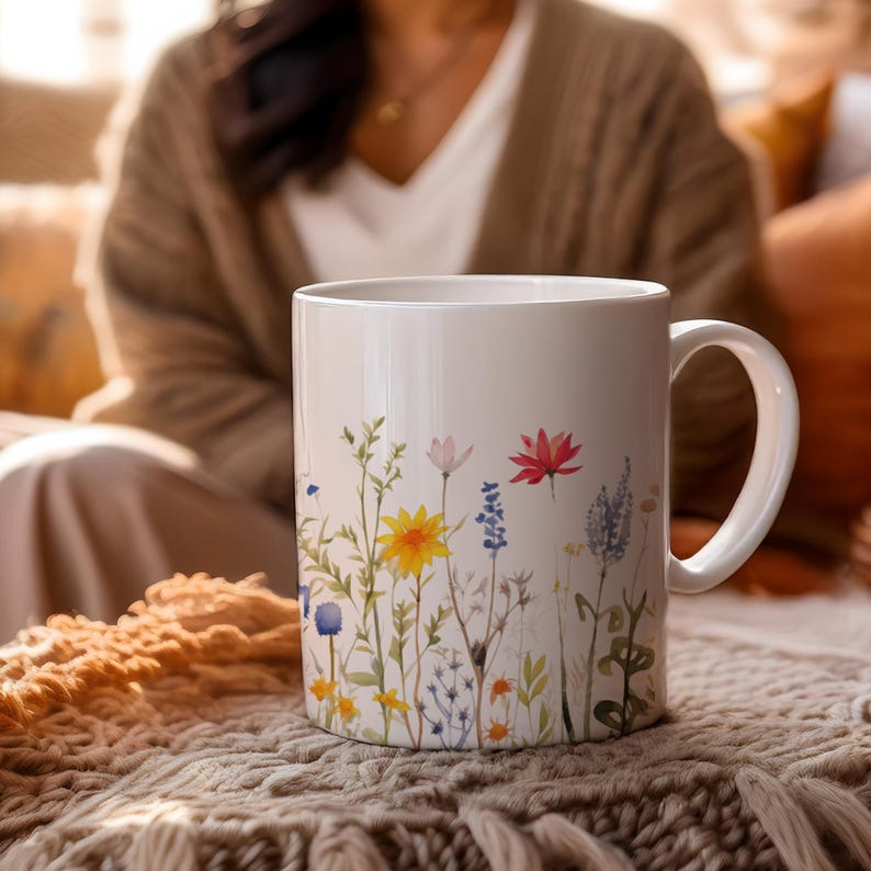 Wildflower Ceramic 11 ounce Coffee Mug Floral Bouquet Gift for Mom cute colorful shiny finish comfortable C-handle durable white ceramic image 10