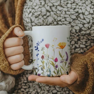 Wildflower Ceramic 11 ounce Coffee Mug Floral Bouquet Gift for Mom cute colorful shiny finish comfortable C-handle durable white ceramic image 9