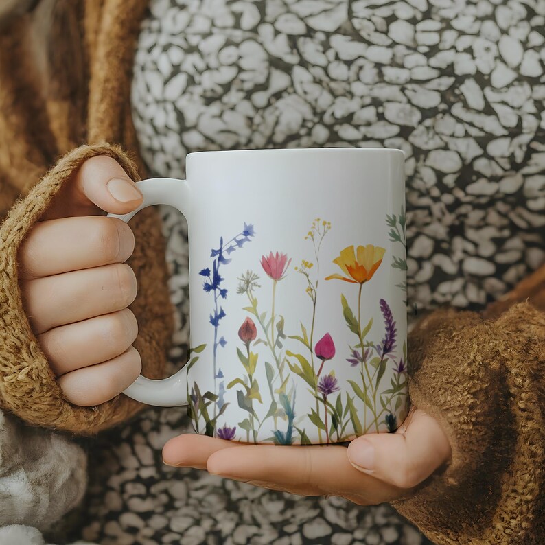 Wildflower Ceramic 11 ounce Coffee Mug Floral Bouquet Gift for Mom cute colorful shiny finish comfortable C-handle durable white ceramic image 9