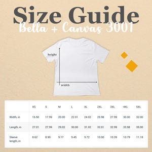 Puede incluir: Una camiseta blanca con una tabla de tallas. La tabla muestra las medidas en pulgadas para el ancho, el largo y el largo de la manga para las tallas XS a 5XL. El texto "Size Guide" y "Bella + Canvas 3001" est&aacute;n en la parte superior.