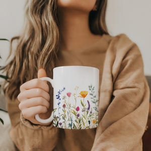 Wildflower Ceramic 11 ounce Coffee Mug Floral Bouquet Gift for Mom cute colorful shiny finish comfortable C-handle durable white ceramic image 4