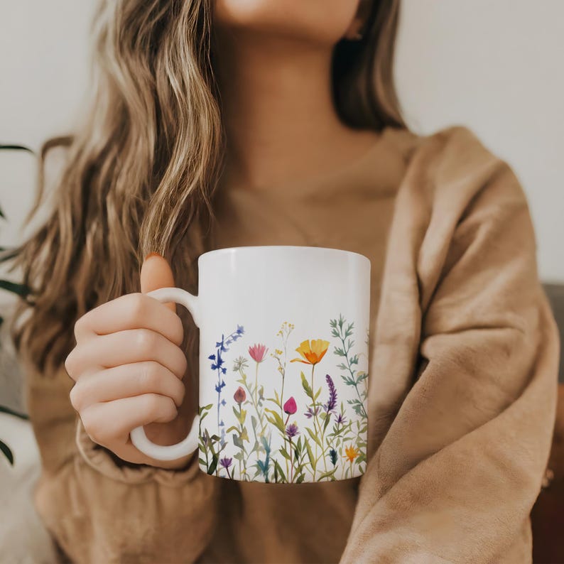 Wildflower Ceramic 11 ounce Coffee Mug Floral Bouquet Gift for Mom cute colorful shiny finish comfortable C-handle durable white ceramic image 4