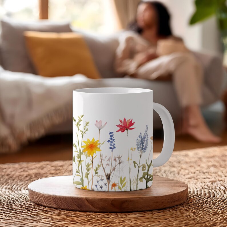 Wildflower Ceramic 11 ounce Coffee Mug Floral Bouquet Gift for Mom cute colorful shiny finish comfortable C-handle durable white ceramic image 7