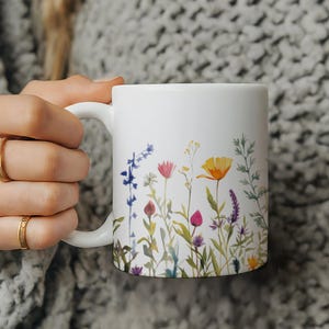 Wildflower Ceramic 11 ounce Coffee Mug Floral Bouquet Gift for Mom cute colorful shiny finish comfortable C-handle durable white ceramic image 6