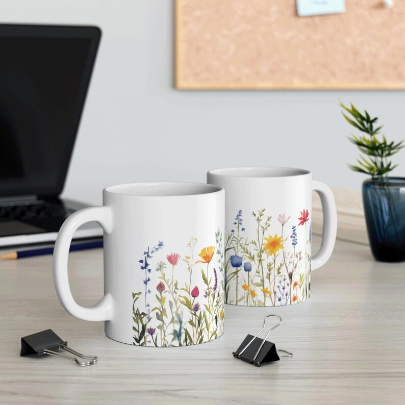 Wildflower Ceramic 11 ounce Coffee Mug Floral Bouquet Gift for Mom cute colorful shiny finish comfortable C-handle durable white ceramic image 2