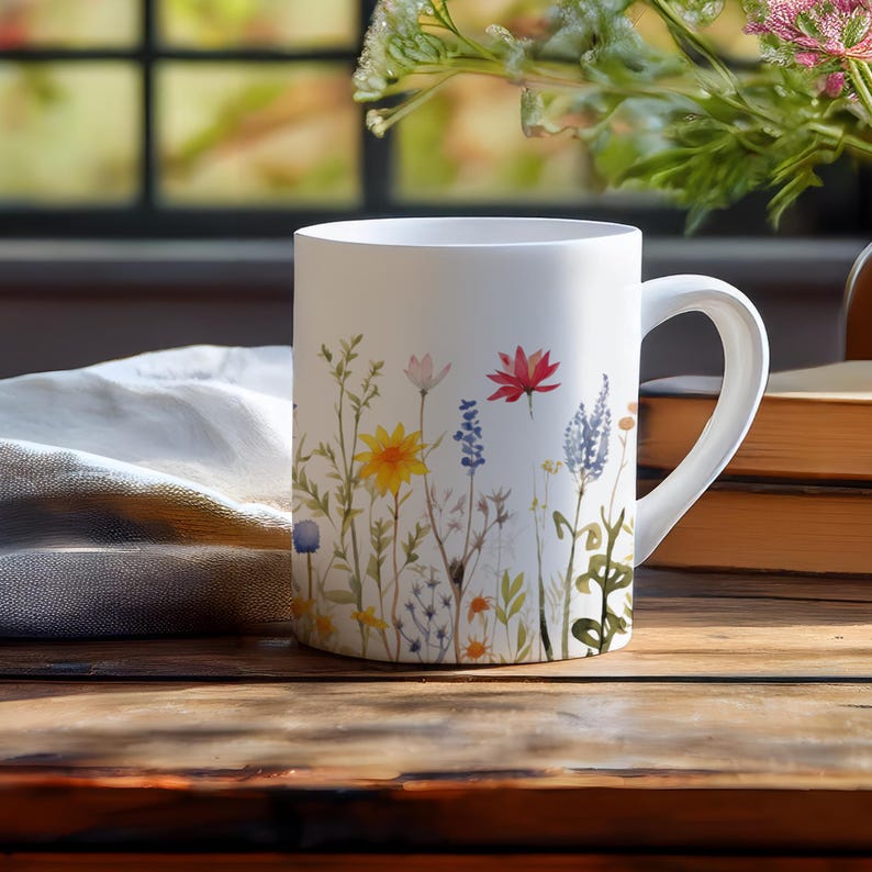 Wildflower Ceramic 11 ounce Coffee Mug Floral Bouquet Gift for Mom cute colorful shiny finish comfortable C-handle durable white ceramic image 5