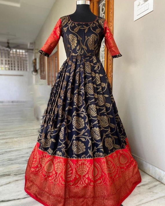 Navy Blue Banarasi Silk Gown | Koselly