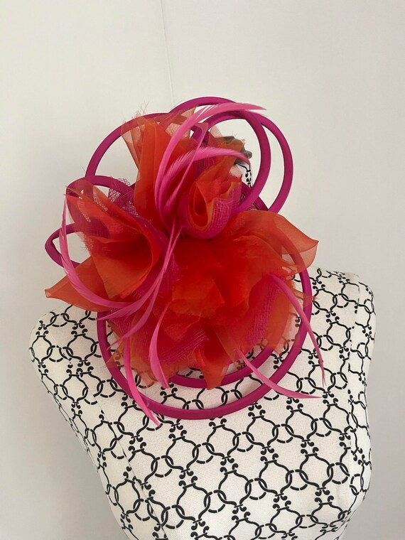 Orange Hot Pink Flower and Feather Fascinator | Sa
