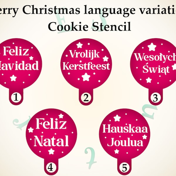 15 * Variation linguistique de Joyeux Noël, Feliz Navidad, Wesołych Świąt, Vrolijk Kerstfeest, ensemble de pochoirs pour macarons et biscuits