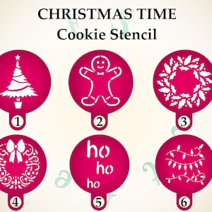 May include: Six round pink cookie stencils with white designs. The designs include a Christmas tree, a gingerbread man, a holly wreath, a bow wreath, the words "ho ho ho", and a string of Christmas lights.