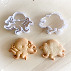 Könnte beinhalten: Zwei weiße Plastik-Ausstecher in Form eines Kraken, einer mit einem detaillierteren Design. Zwei Kekse, einer in Form eines detaillierten Kraken und einer in Form eines einfachen Kraken.