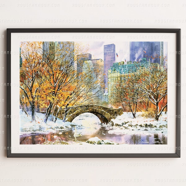 Central Park New York Lake Winter. Print from an original painting by Roustam Nour | Paintings | Wall Decor | Art Print | NYC Art | NYC