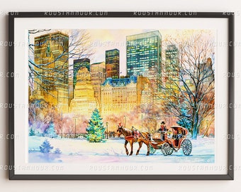 Central Park Winter Horse Carriage Rides. Plaza Hotel New York. Print from an original painting by Roustam Nour | Paintings | Wall Decor