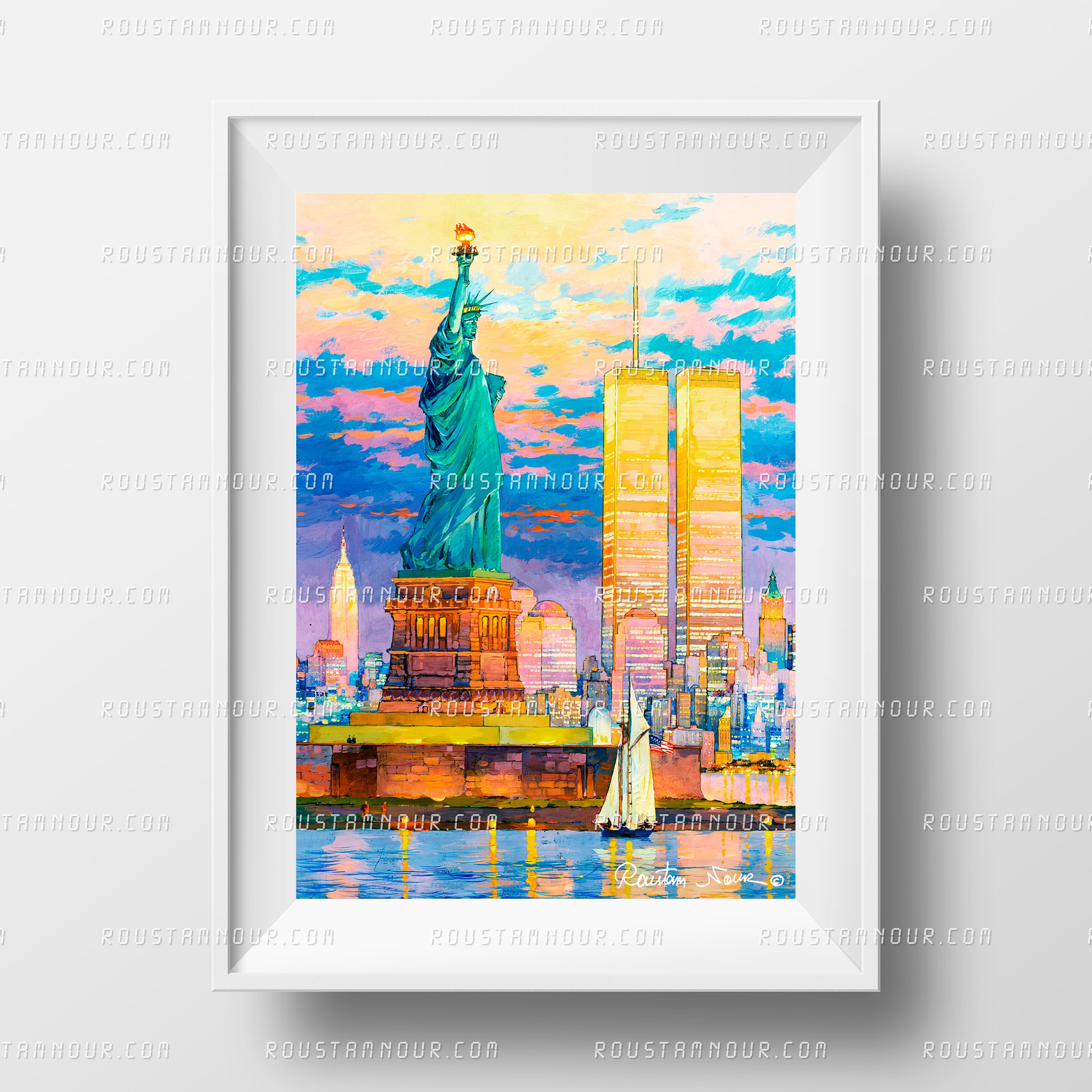 Statue of Liberty Twin Towers 9/11 Manhattan Skyline New York. Print from an original painting by Roustam Nour | Paintings | Wall Decor