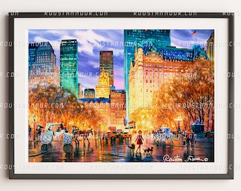Puede incluir: Pintura a la acuarela de una escena de calle urbana al anochecer. La obra representa edificios con ventanas iluminadas, carruajes tirados por caballos y personas caminando. La paleta de colores incluye azules, naranjas y amarillos, creando un ambiente cálido. La pintura está enmarcada.